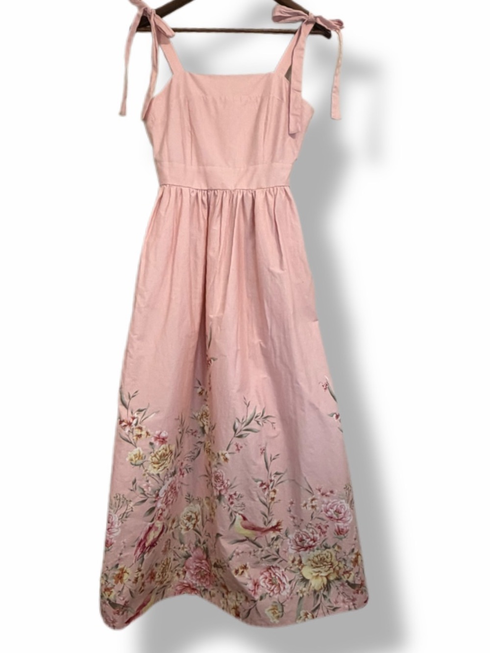 Joie Pink Floral Bird Maxi Dress M Tie Smocked Cottagecore